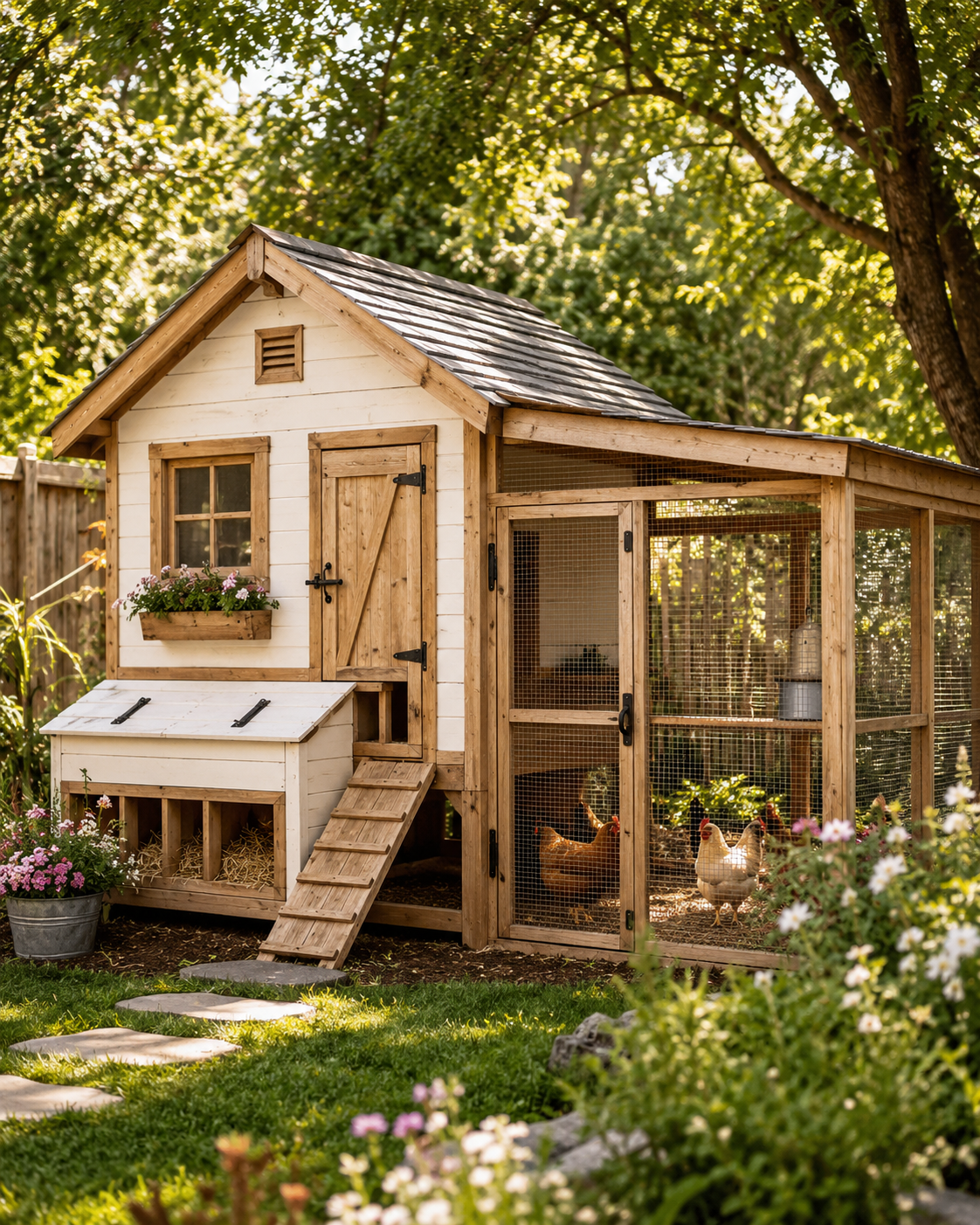 Backyard chicken coop inspiration with attached wire run